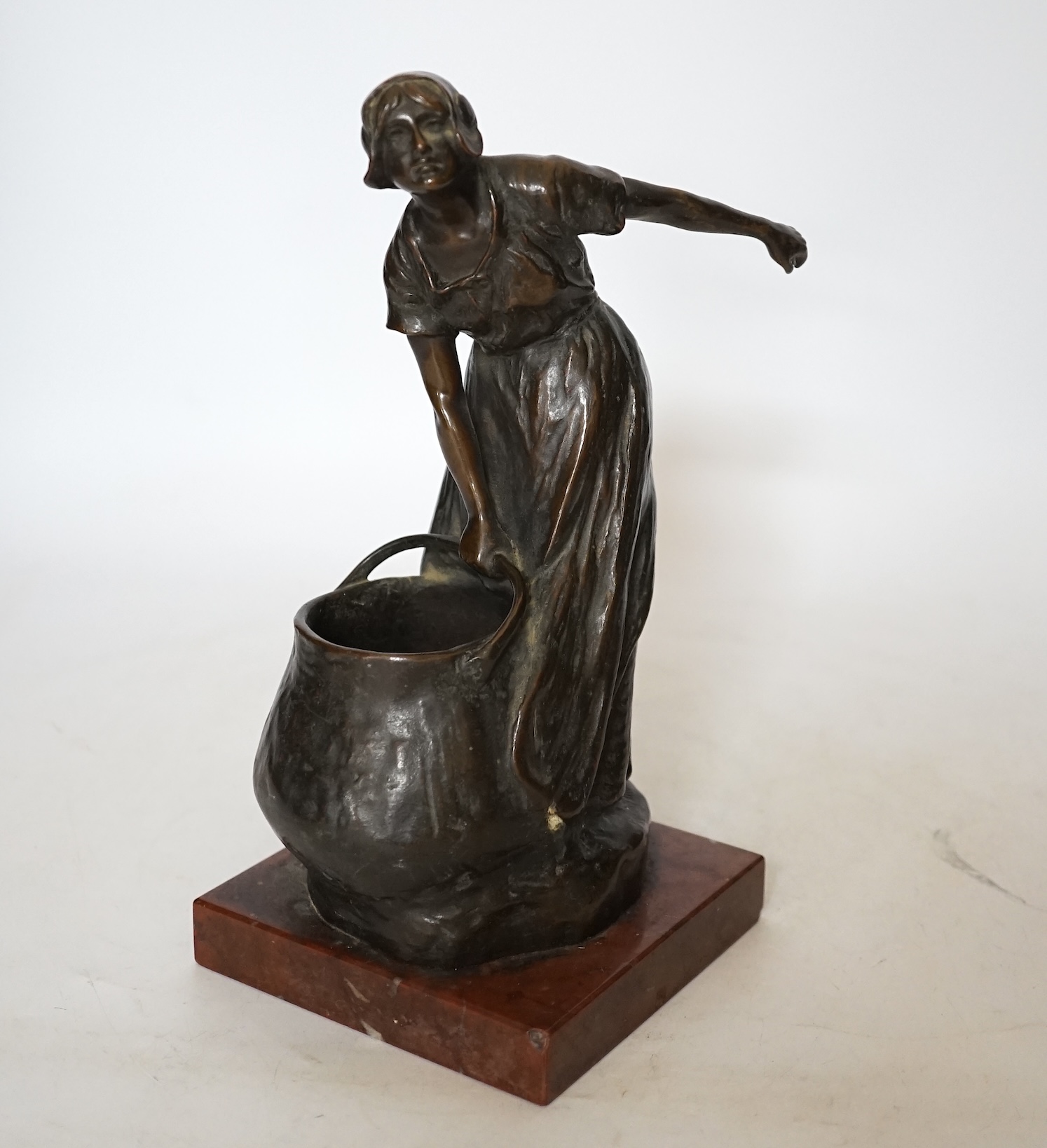 Rudolf Marcuse (German 1878- 1940), bronze of a girl with cauldron on rouge marble base, 24cm